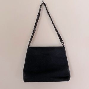 Small Black Evening Bag With silver sheen Beaded strap 7.5 width 5” tall